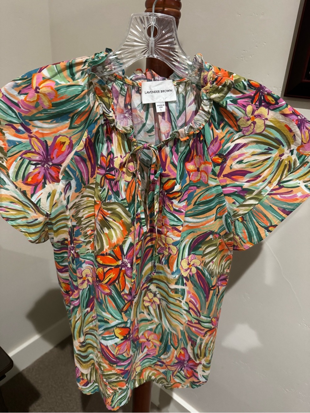 Lavender Brown Multicolor Tropical Floral Tie-Neck Tunic